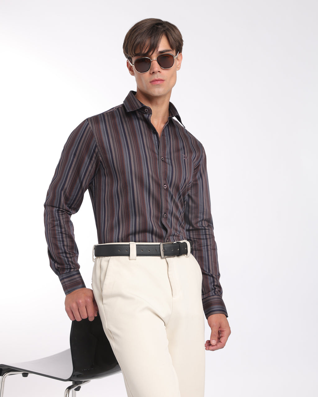 Burgundy Navy Striped Classic Fit Shirt