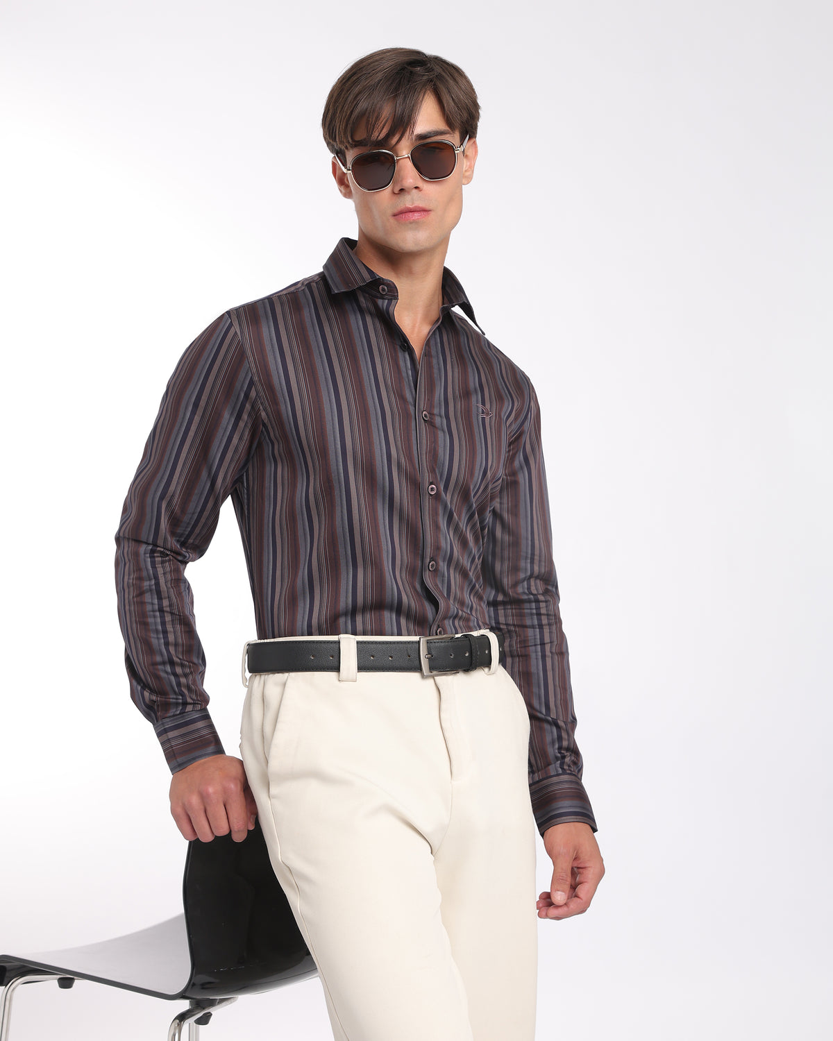 Burgundy Navy Striped Classic Fit Shirt