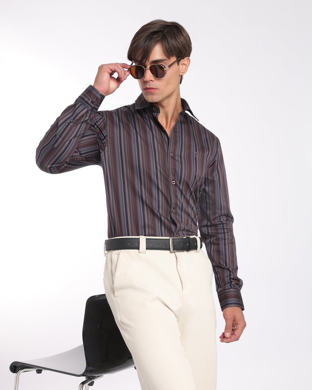 Burgundy Navy Striped Classic Fit Shirt